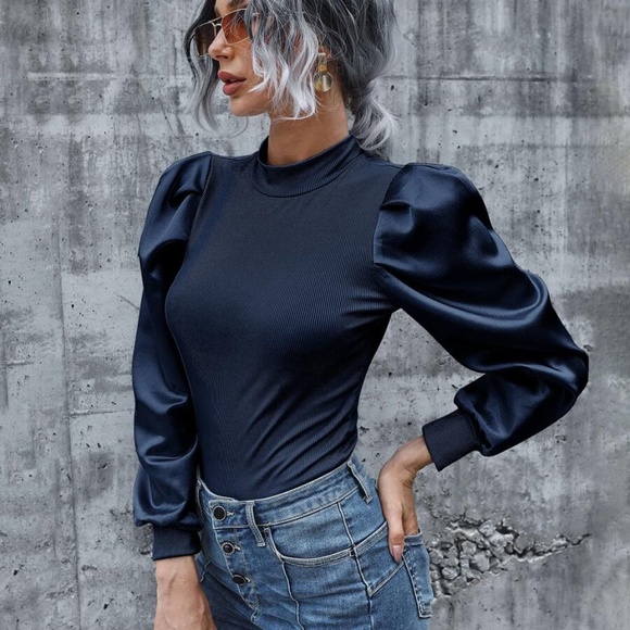 baby blue Ribbed long sleeve puff top fall - Picture 6 of 13